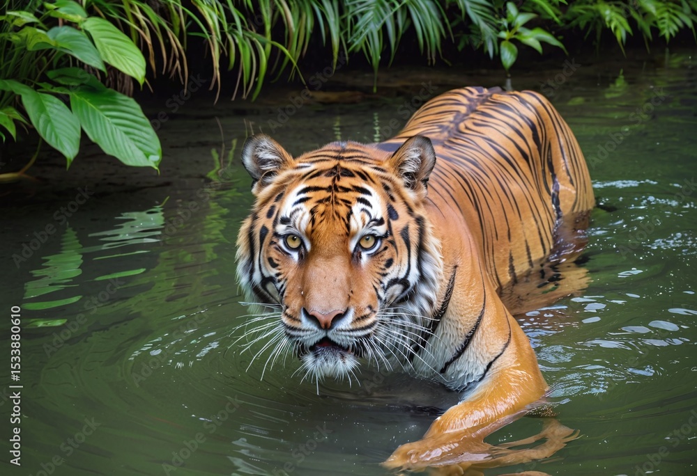 Portrait of a tiger swimming in a pond near the forest Portrait of a tiger swimming in a pond near the forest