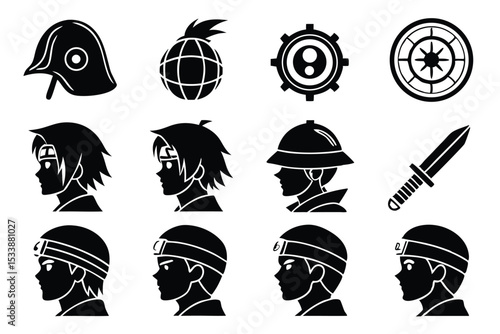 Black and white set of stylized warrior silhouettes and anime portrait elements