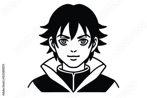 Bold black and white illustration of a handsome young man with spiky hair and kind eyes