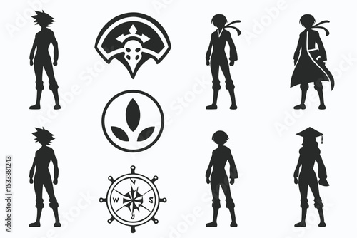 Silhouetted figures and symbols collection showcasing various characters and ornamental elements in monochrome design