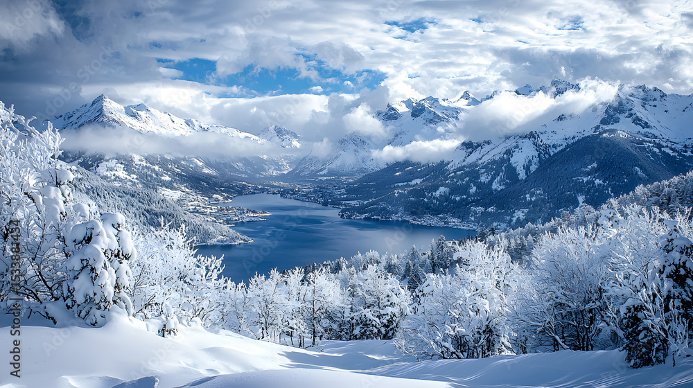 Obraz premium a snowy mountain range with a lake surrounded by snow covered mountains in the foreground