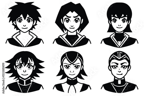 Vector illustration featuring six anime style characters with various hairstyles and clothing