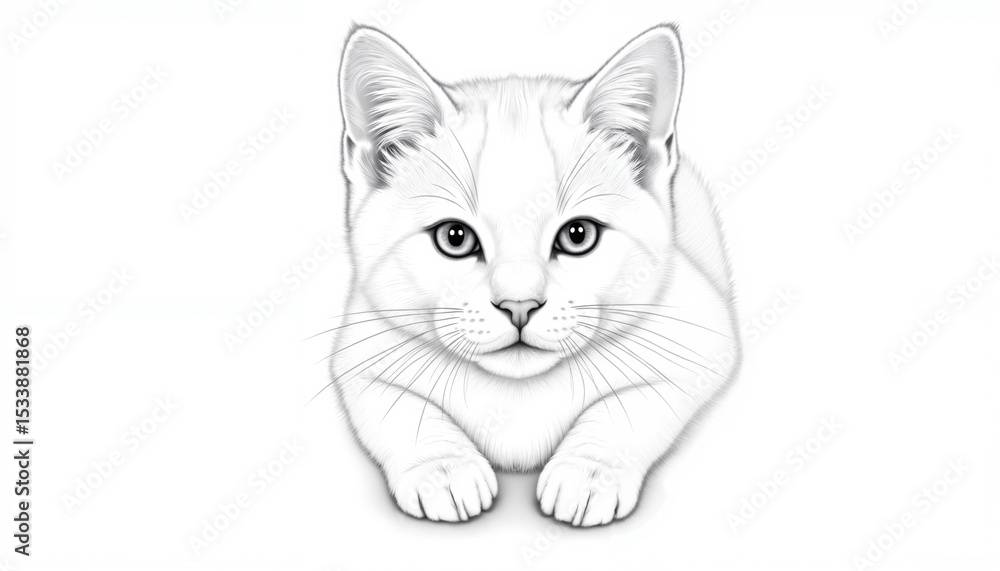 Cat drawing in black and white looking curiously at viewer Cat drawing in black and white looking curiously at viewer