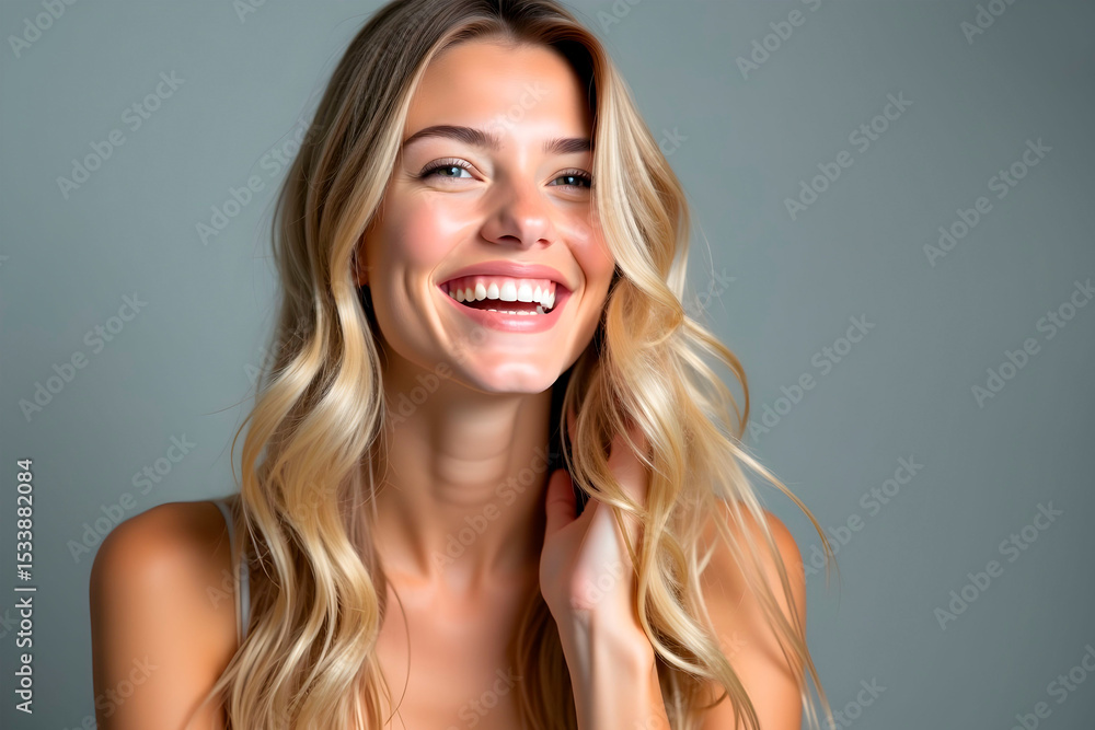 Fototapeta premium beautiful girl woman blonde with gorgeous white curly hair smiles with white teeth for advertising shampoos creams toothpastes on neutral gray background