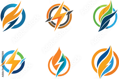 Free Download Modern Energy Logo Designs featuring vibrant flames and lightning bolts ideal for branding and corporate identity projects. - GFXLoad