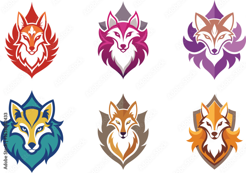 Fototapeta premium Six Stylish Fox Head Logos Perfect for Branding Design Projects needing a strong animal mascot or emblem