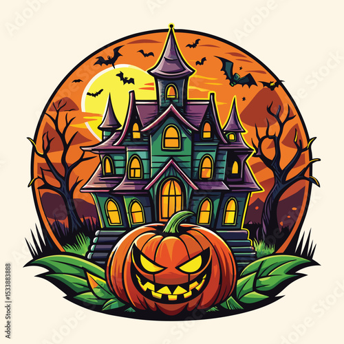 Spooky Haunted House Halloween Illustration with Jack-o'-Lantern