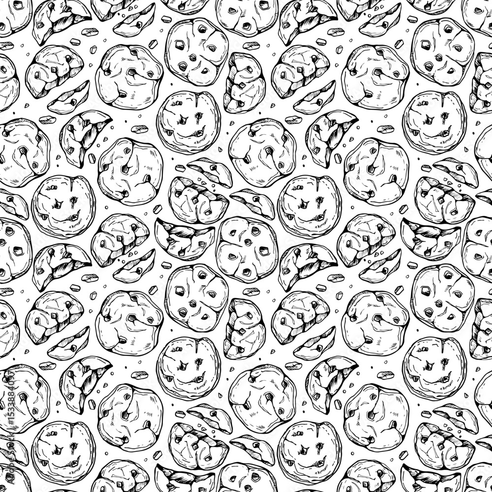 Seamless Cookies Pattern. Crispy cookies with chocolate drops border isolated on white background. Freehand drawn Biscuit chocolate chip cookies. Repeated background, textile, wallpaper, packaging. Seamless Cookies Pattern. Crispy cookies with chocolate drops border isolated on white background. Freehand drawn Biscuit chocolate chip cookies. Repeated background, textile, wallpaper, packaging.
