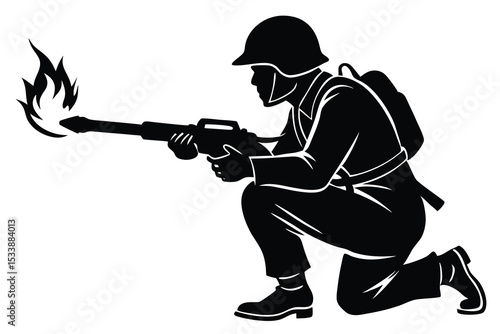 Black Silhouette of a Soldier with a Flamethrower Shooting Flames on White Background