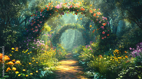 beautiful secret fairytale garden with flower arches and colorful greenery. Digital painting background 