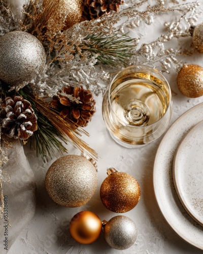 Festive table setting with gold and silver ornaments.