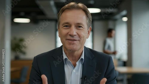 Businessperson speaks directly to camera in modern office setting