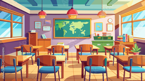 The timeless scene of desk and chairs in classroom includes polished surfaces, bright windows, and educational posters. This charming setup brings nostalgic warmth, perfect for creating meaningful edu