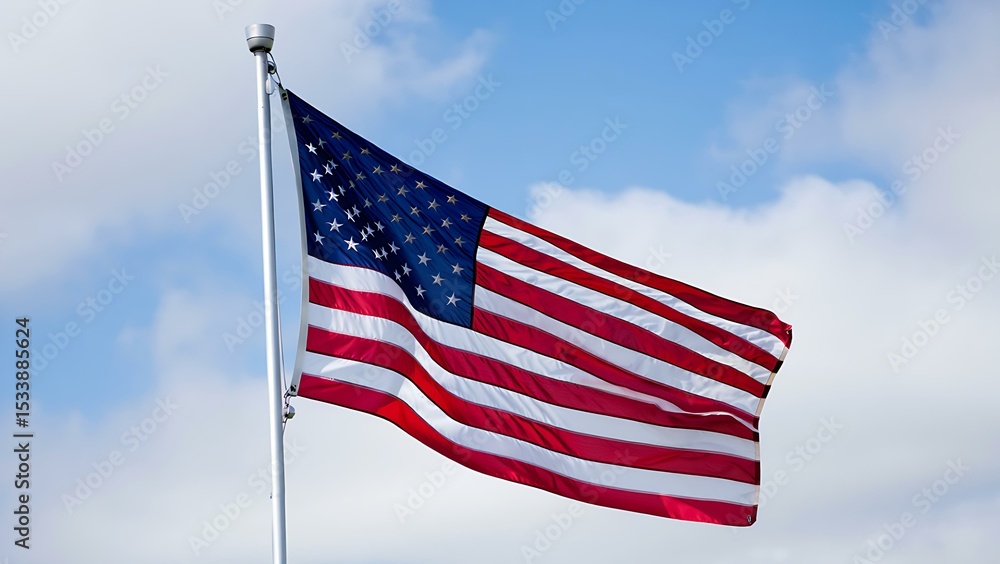 Waving American Flag Against Blue Sky Waving American Flag Against Blue Sky
