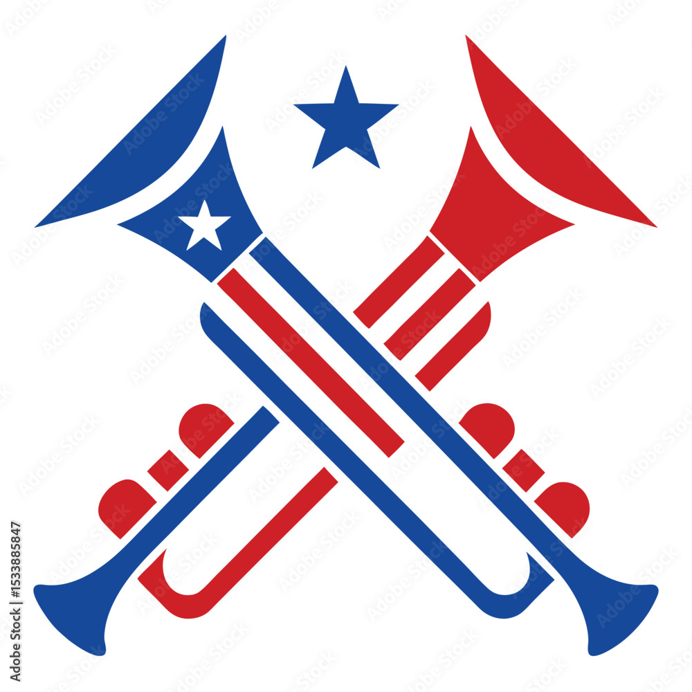 Fototapeta premium Crossed Trumpets in Patriotic Red and Blue with Lone Star Illustration