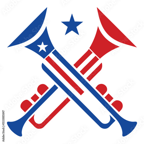 Crossed Trumpets in Patriotic Red and Blue with Lone Star Illustration