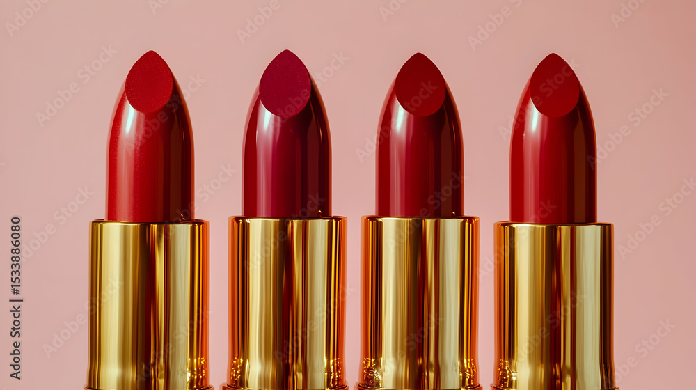 Obraz premium Variety of red lipsticks with gold tubes against pink background