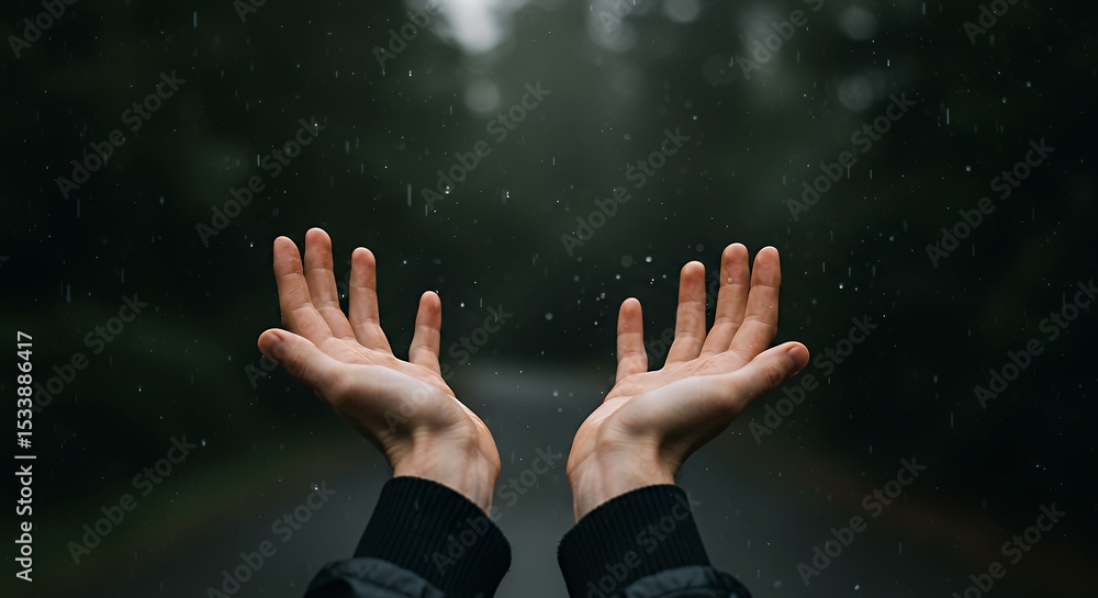 Hands Reaching Upwards in Rain in Nature with Dark Green Background Hands Reaching Upwards in Rain in Nature with Dark Green Background