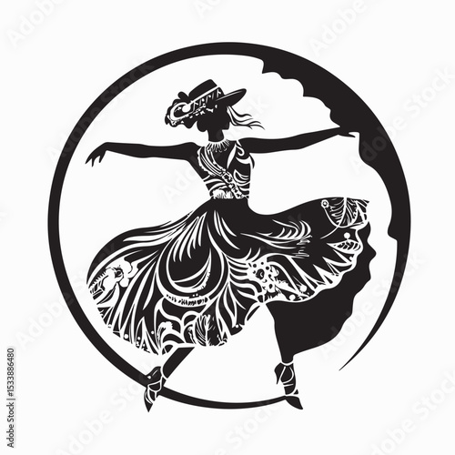Elegant Dancer in Traditional Dress Performing a Joyful Dance Silhouette Vector.