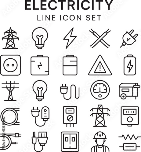 Electricity line icon set. Electric power line, light bulb, cable, wire, voltage and electrical equipment. Outline vector icon in linear style. Series of pictograms