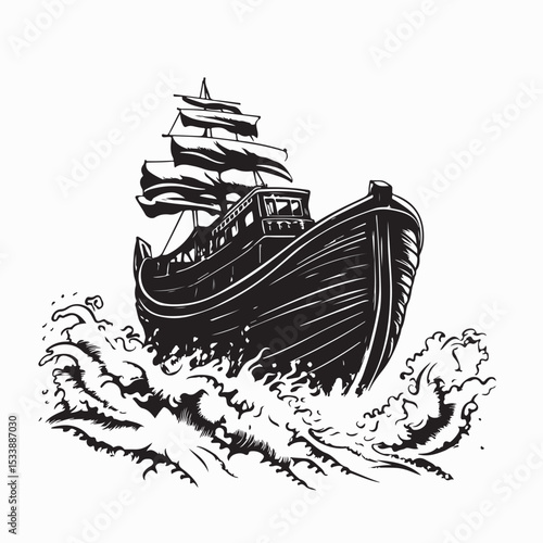 Noah S Ark Illustration Depicting Large Wooden Ship Image Vector Isolated on white background.