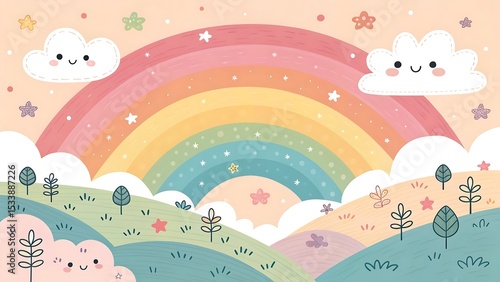 Beautiful Background with landscape and rainbow sky