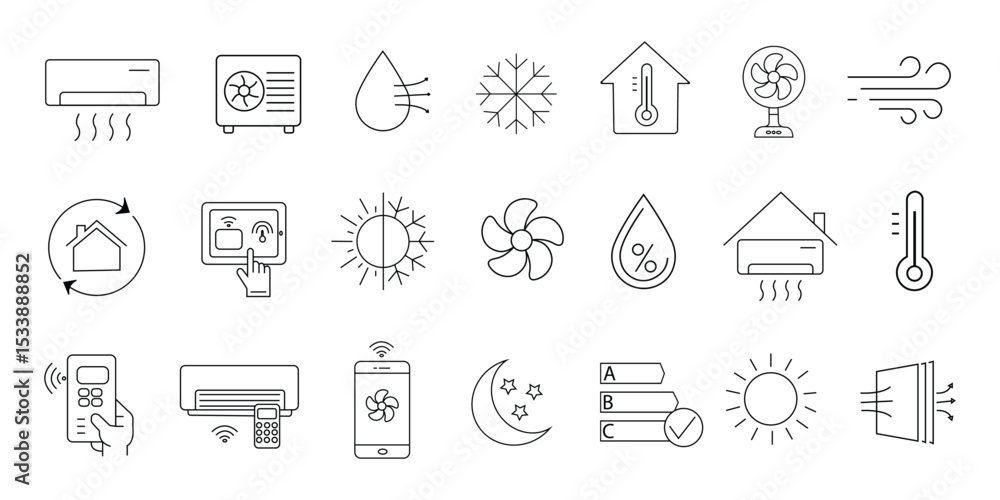 Fototapeta premium Air conditioner outline icons set on white background.