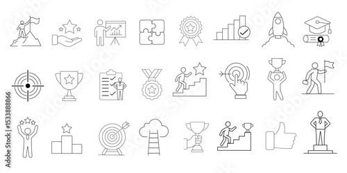 Successful business development outline icons set on white background, Containing achievement, Success, successful, strategy, winner, teamwork, goal, brainstorm