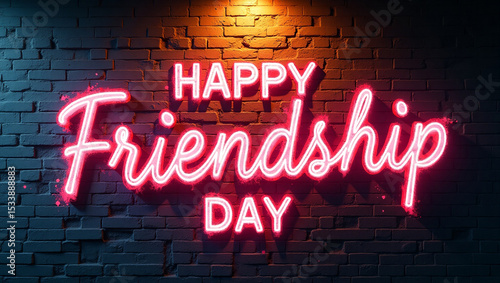 Happy friendship day neon sign glows on a brick wall background