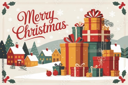 A festive Christmas greeting card showcasing a snow covered village