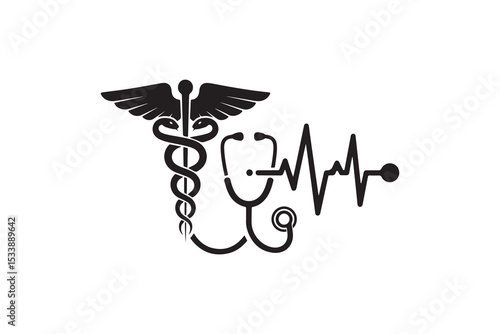 Medical Symbol Stethoscope Heartbeat Silhouette - Caduceus and Stethoscope Vector Design