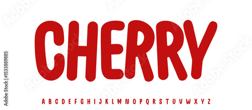 Summer Cherry drupe, joyful lettering, cartoon rounded typography. Childish font for friendly logo headline of culinary recipe book, sweets, ice cream title. Food typographic design. Vector typeset.