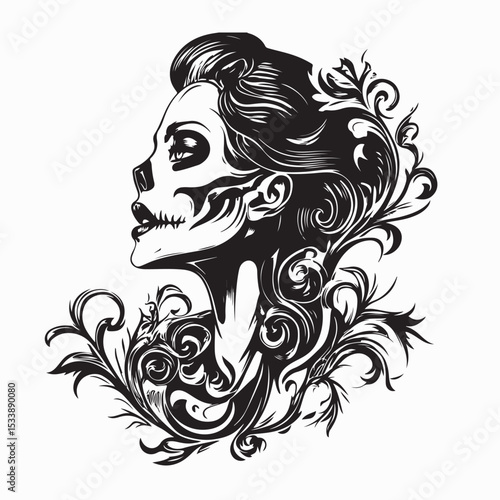 Terrifying Victorian Flourish Style Female Zombie in a Dark and Haunting Vector Illustration