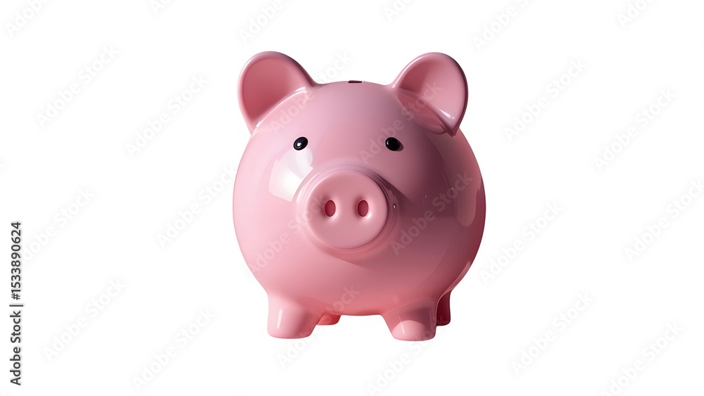 Front view of a pink piggy bank with a coin slot on a white background in a studio setting Front view of a pink piggy bank with a coin slot on a white background in a studio setting