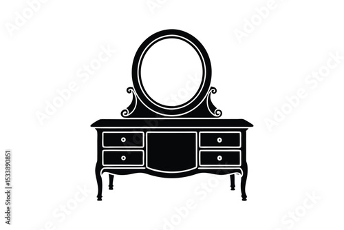Silhouette vector art illustration of a vanity table with mirror and drawers.eps