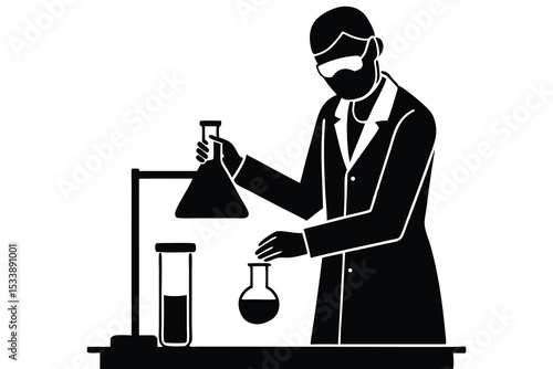 Scientist Experiments with Flasks and Test Tube in Dark Laboratory Setting Illustration
