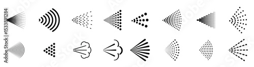 Spray icons, sprayer aerosol nozzle with water air jet, vector line symbols. Spray or sprinkle stream pictograms for sanitizer diffuser or atomizer mist, antiseptic pulverizer. Vector illustration