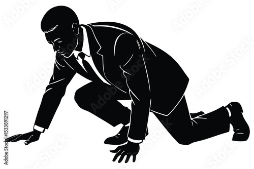 Silhouette Illustration of Businessman on Knees Wearing Suit, Looking Downward, Monochrome Art