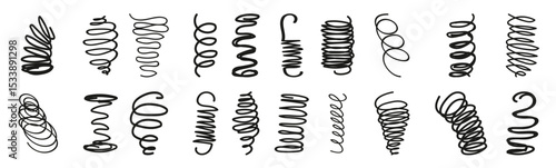 Spring coil collection. Set of black spiral springs, metallic coil and linear spirals. Spring, coil and absorber icon collection. Vector illustration