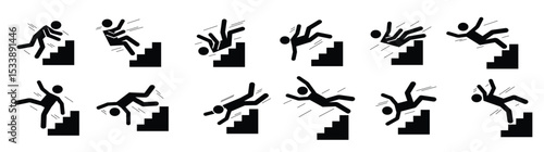 stick man fall down black silhouette pictograms people falling from staircase ladder exhausted tired. Vector illustration