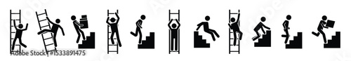 stick man go up black pictograms people climbing staircase ladder stick man silhouettes vector move me