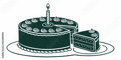 Dark green cake with one lit birthday candle on a white background  vector illustration
