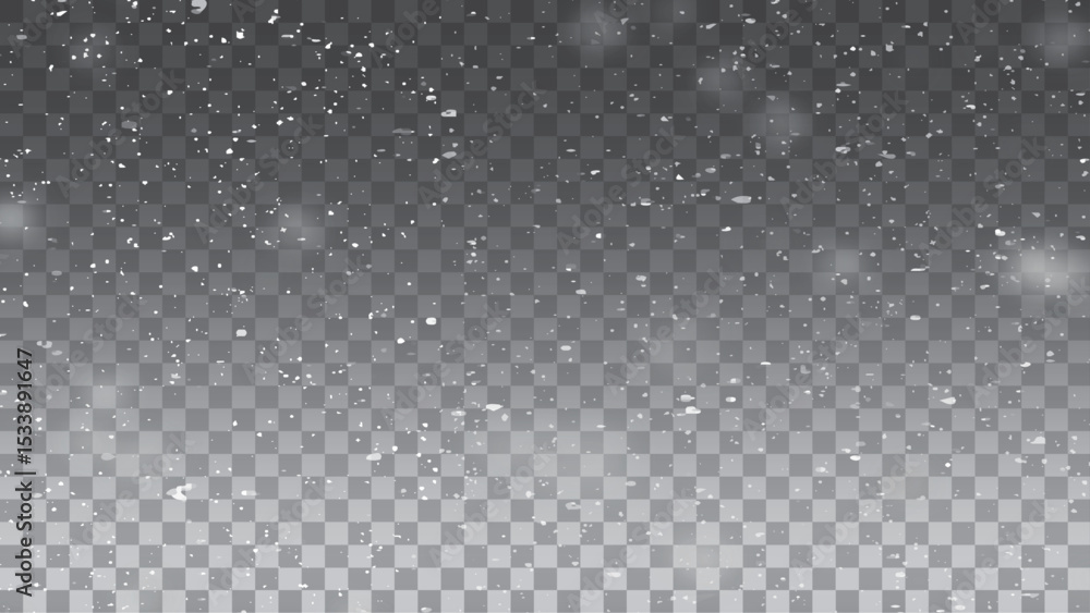 Snow and wind. Vector heavy snowfall. Glittering snowflakes in air on transparent background. Snow overlay effects. Snow background.