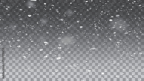 Heavy snowfall with frosty particles. Winter ambiance. Vector overlay for holiday designs.