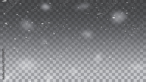 Snow and wind. Vector heavy snowfall, snowflakes in various shapes and forms. Many white cold flakes elements on a transparent background. White snowflakes are flying in the air. snow background.