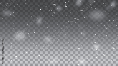 Snow and wind. Vector heavy snowfall, snowflakes in various shapes and forms. Many white cold flakes elements on a transparent background. White snowflakes are flying in the air. snow background.
