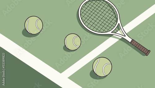 tennis balls and racket on green synthetic grass court background. top view with copy space   