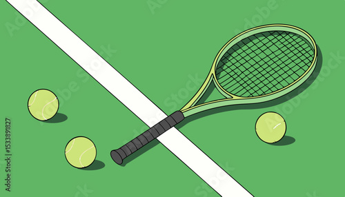 tennis balls and racket on green synthetic grass court background. top view with copy space   