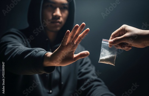 Powerful message for youth: hand refuses suspicious drug bag during International Day Against Drug Abuse and Illicit Trafficking.
