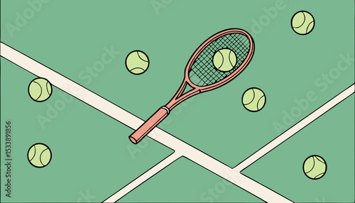 tennis balls and racket on green synthetic grass court background. top view with copy space   
